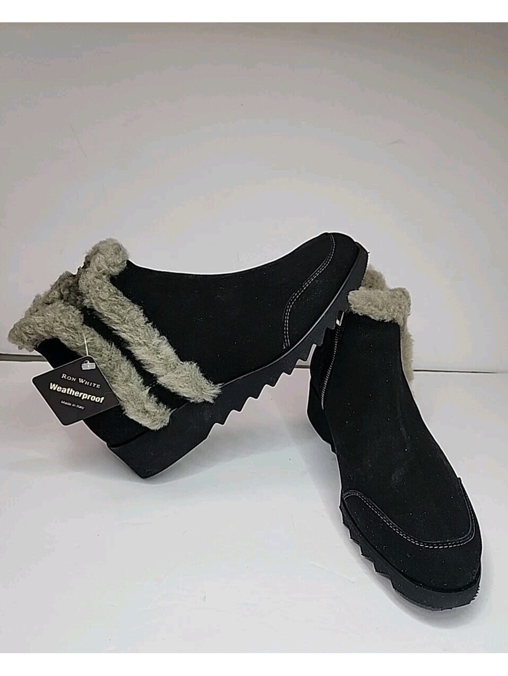 Ron White Adaley Leather Suede Shearling Trimmed Boot Black Gray Size EU 39.5